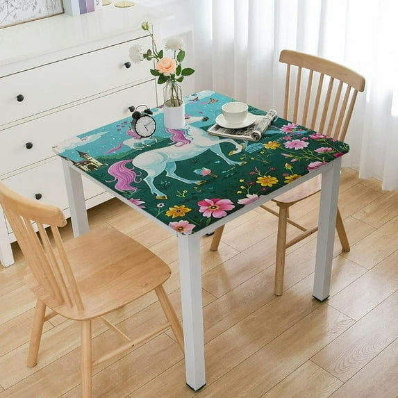Acheng Unicorns Flowers Castle Square Tablecloth Outdoor Fitted 100% Polyester Fiber 36*36