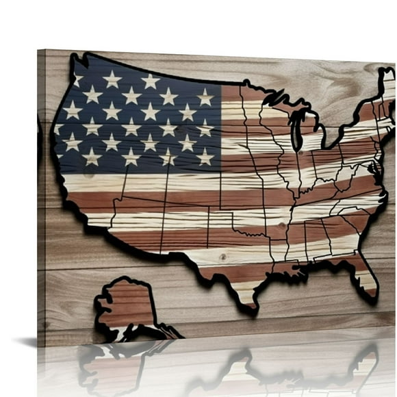 Acheng Vintage American Flag Canvas Wall Art Red White Blue Map Shape Flag of US Patriotic Pictures Artwork Plank Effect Canvas Print for Living Room Bedroom Office Kitchen Wall Decor  20x16in