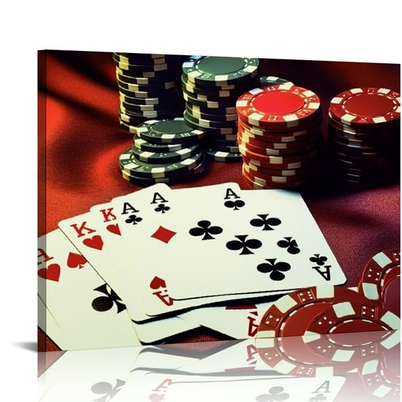 Acheng   Vintage Canvas Wall Art Poker Cards with Chips Picture Painting Posters Print on Canvas Modern Playing Cards Office Wall Decor for Pub Club Bar Casino Wall Decoration 20x16in