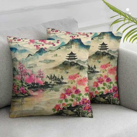Acheng Vintage Japanese Plum Blossom Throw Pillow Covers,Retro Traditional Watercolor Spring Cherry Blossoms Lakes Hills Women Pliiow Covers for Living Room Bedroom Sofa Party Decor,2 Pcs White
