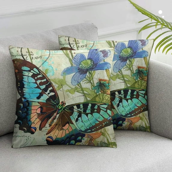 Acheng Vintage Spring Pillow Covers Modern Flowers Birds Butterflies Sofa Throw Pillow Cover Farmhouse Outdoor Pillow Case Lake Blue Purple Cushion Case Home Decor,2 Pcs White