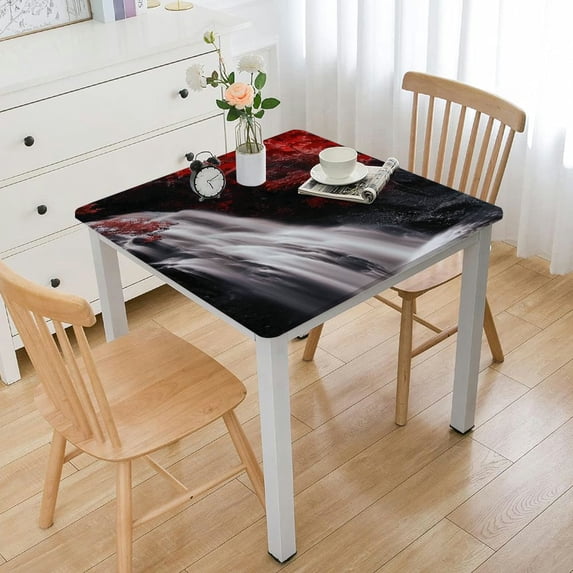 Acheng Waterfall Red Leaves Black and White Square Tablecloth Washable for Home Kitchen Outdoor Decoration 100% Polyester Fiber 52*52