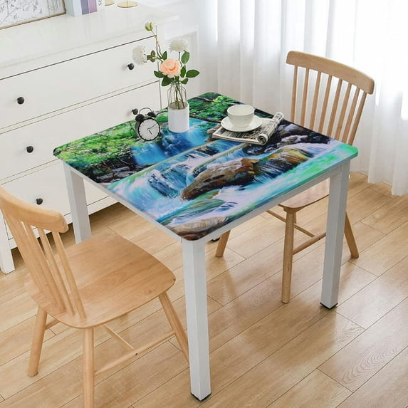 Acheng Waterfall Rocks Trees Square Tablecloth Full Width Single-Sided Printing 100% Polyester Fiber 40*40