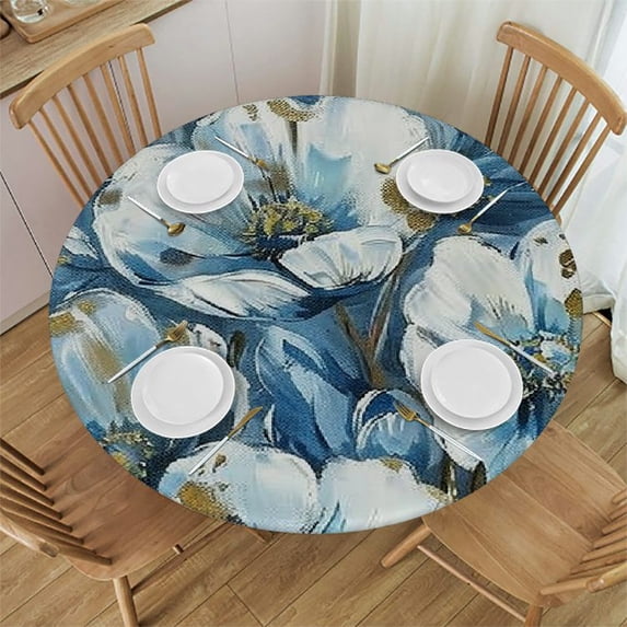 Acheng White Flowers Blue Background Gold Accents Round Tablecloth Outdoor Fitted 100% Polyester Fiber Outdoor Picnic Camping and Indoor Kitchen Dining Party 38-42