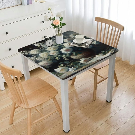 Acheng White Flowers Square Tablecloth with Elastic Edge 100% Polyester Fiber 40*40