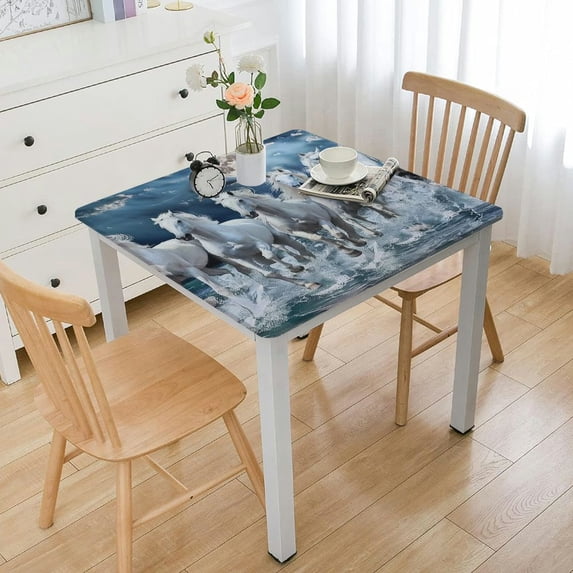 Acheng White Horses Ocean Full Moon Square Tablecloth with Elastic Edge 100% Polyester Fiber 46*46