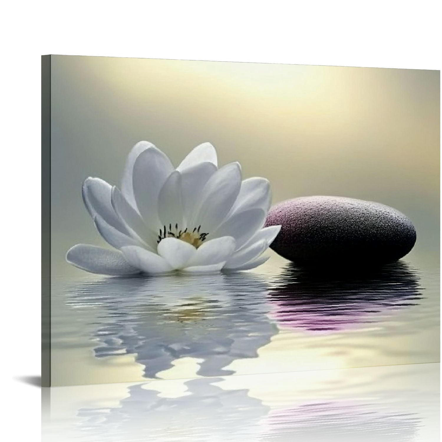 Acheng Zen Canvas Wall Art white Lotus Flowers and Black Massage Stones ...