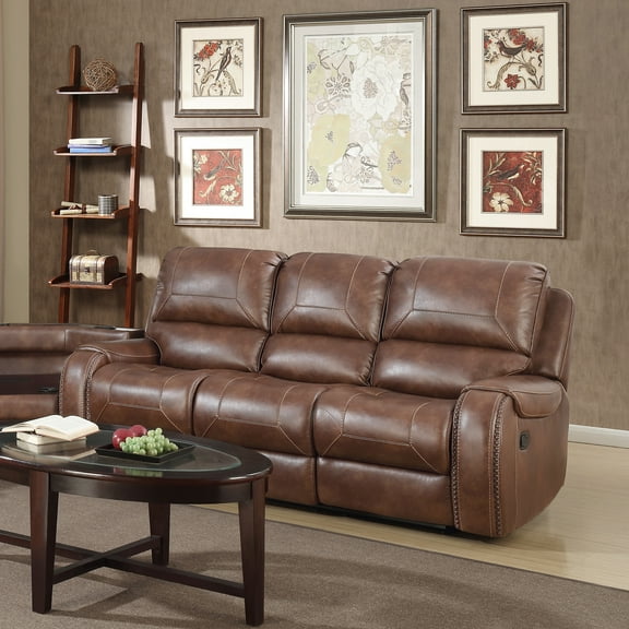 Achern Brown Faux Leather 3-Seat Manual Reclining Sofa with Storage Console & USB Port - Traditional Living Room Furniture, 89.37" W x 40.16" D x 42.13" H