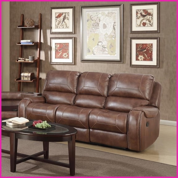 Achern Brown Faux Leather Nailhead Manual Reclining Loveseat with Flip-Down Storage Console, USB & Cup Holders