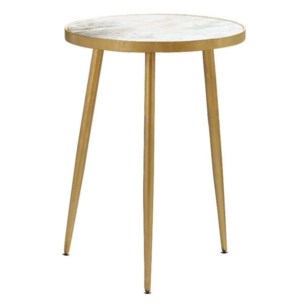 Elegant Transitional Round Stone and Metal Side Table in Gold
