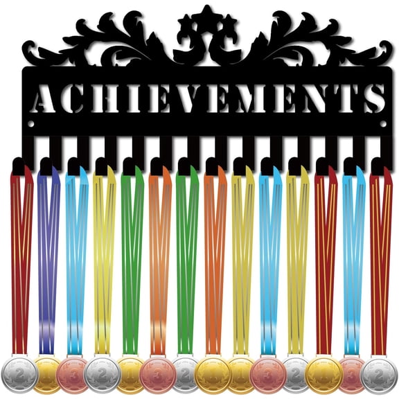 Achievements Medal Hangers Medal Holders Display Metal Small Medal Rack Organizer Plaques Hanger Black Retro Patterns Wall Mounted with 20 Hooks for Awards Ribbons Sports Race 11.4x5Inch