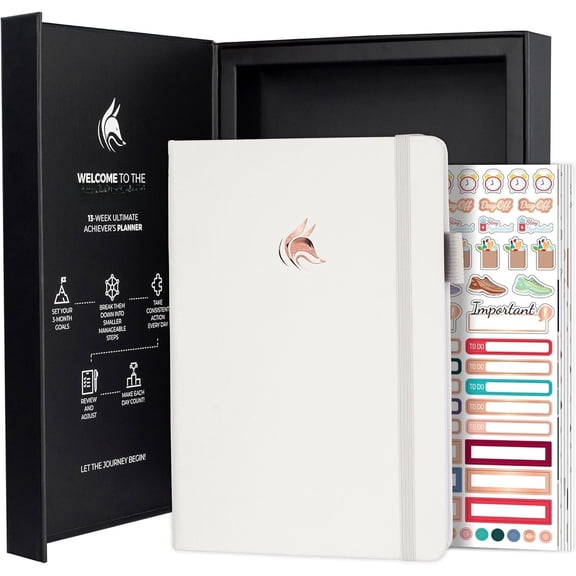Achiever's Goal Planner - Focus & Productivity 90 Day Journal. Undated Daily Weekly Monthly Planner Organizer & Hourly Schedule Notebook - Hardcover, A5 Size,  White