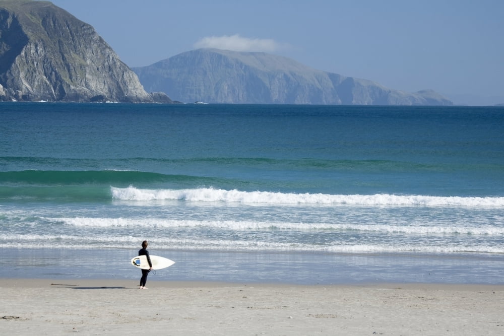 Achill Island Co Mayo Ireland Surfer Walking Along Trawmore Beach Canvas Art - Gareth McCormack Design Pics (36 x 24)
