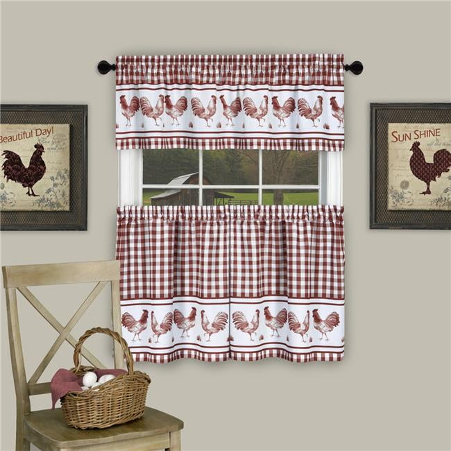 Burgundy Rooster Print Gingham Tier Curtain and Valance Set