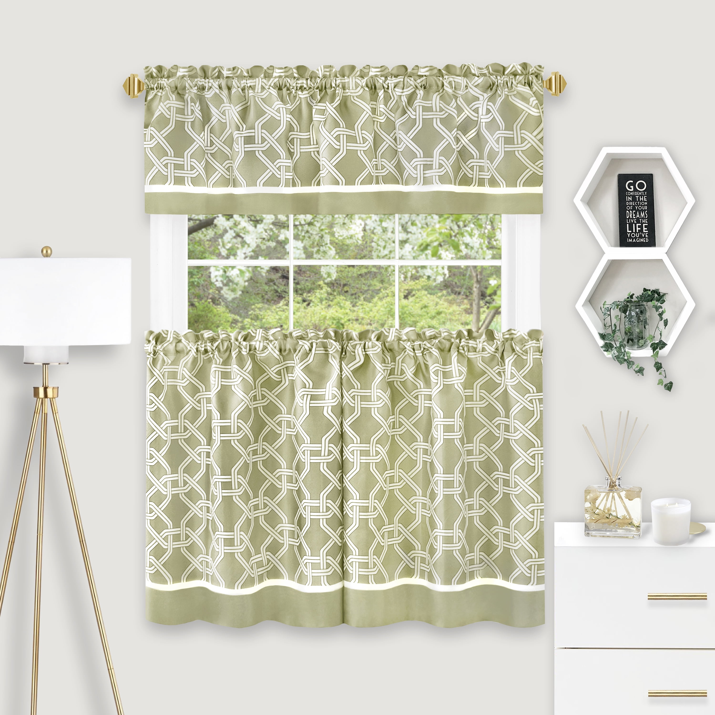 Green Geometric Polyester Curtain Tier and Valance Set