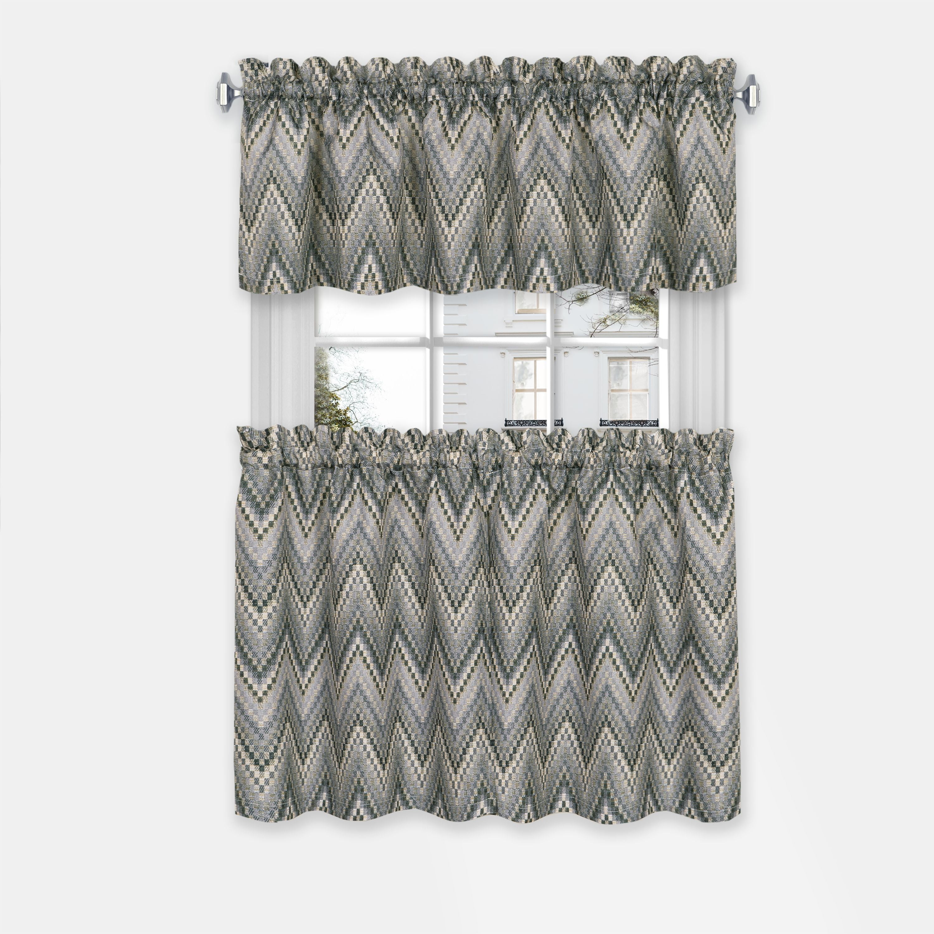 Charcoal Chevron Polyester Rod Pocket Tier Curtains and Valance Set