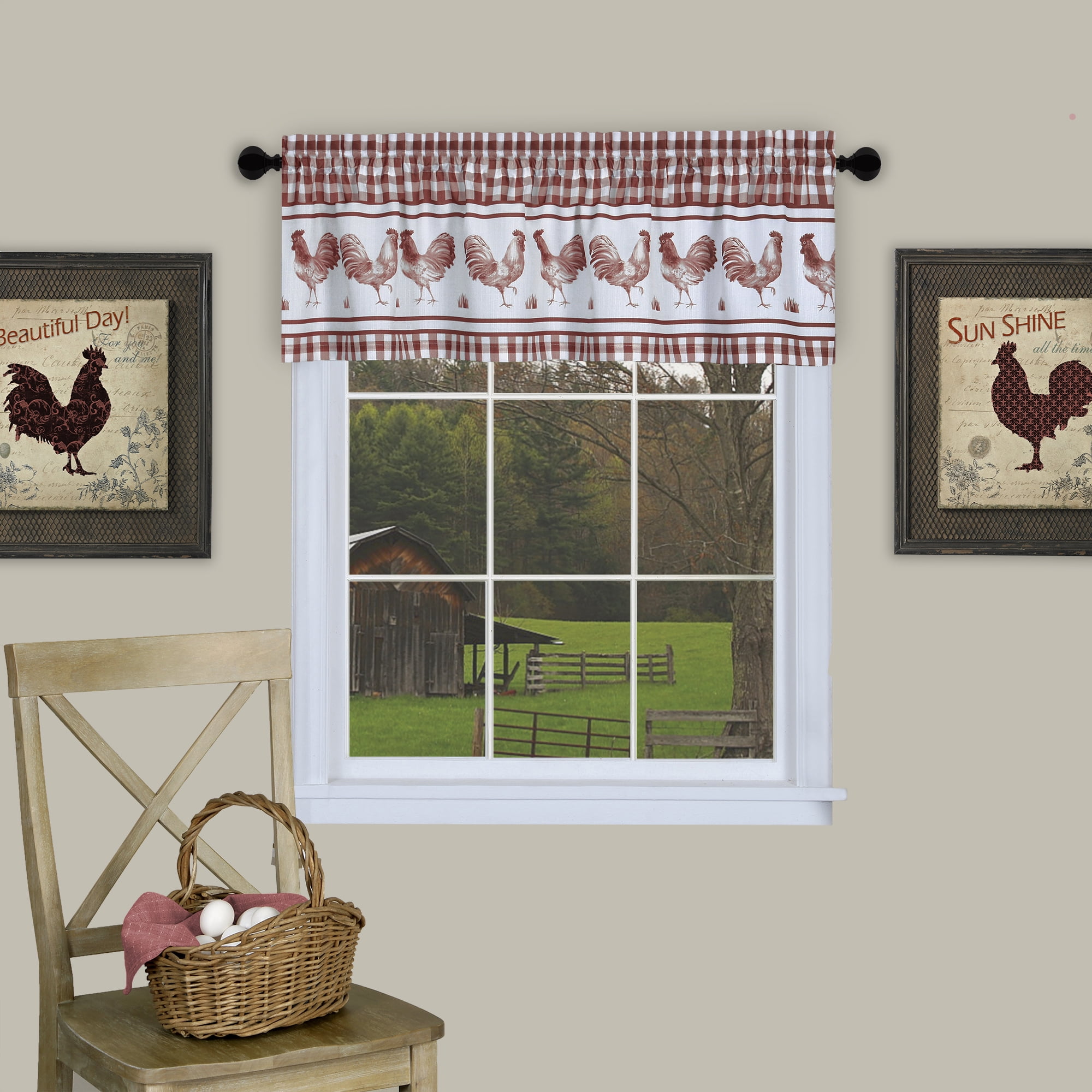 Burgundy Rooster Gingham Plaid Rod Pocket Valance