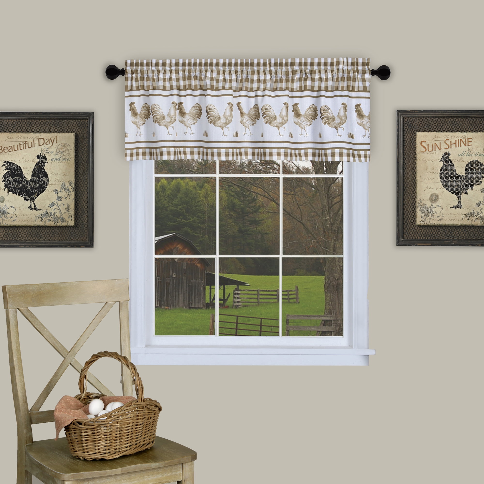 Taupe Gingham Plaid Rooster Pattern Valance, 58 x 14