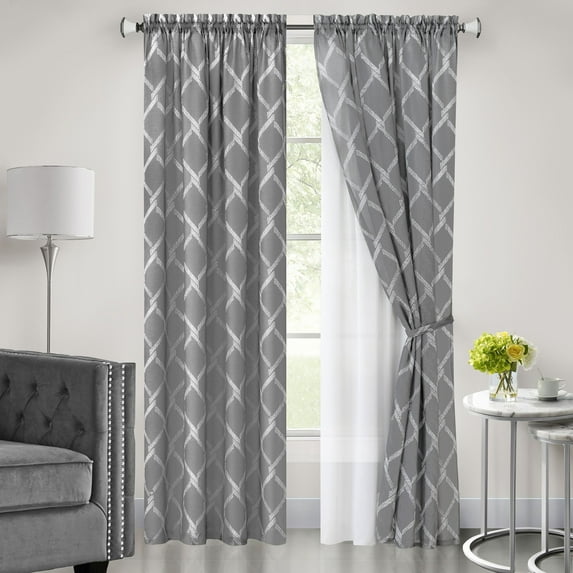Achim Bombay Indoor Polyester Light Filtering Geometric Curtain Panel, Grey, 52-in W x 63-in L