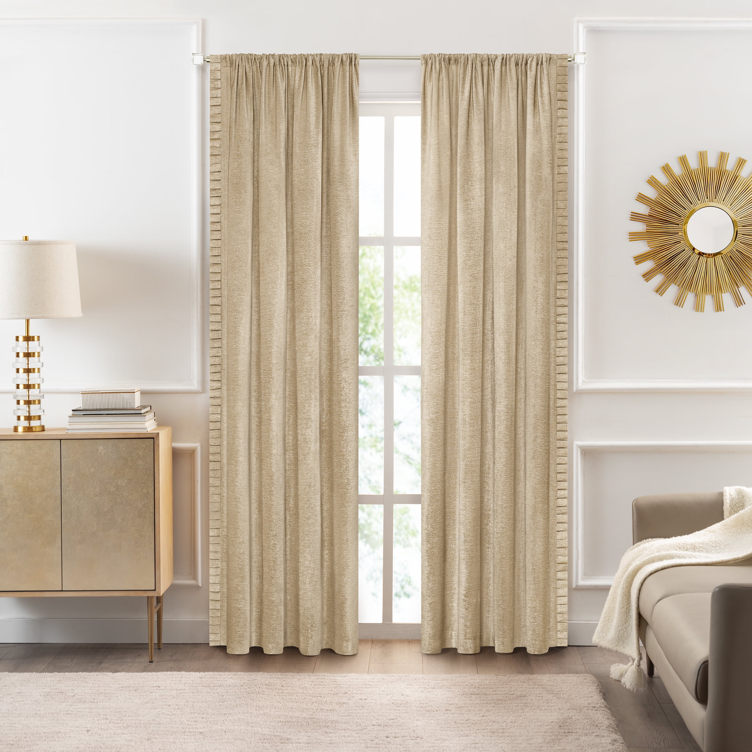 Tan Polyester Pleated Rod Pocket Curtain Panel, 52" x 63"