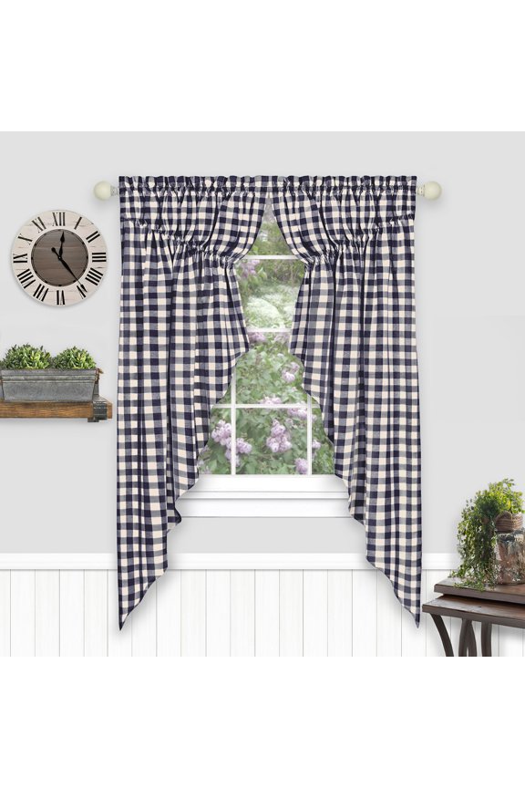 Buffalo Check Gathered Swag Window Curtain Pair - 72 x 63 - Navy