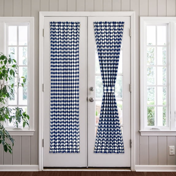 Achim Buffalo Check Indoor Polyester/Cotton Light Filtering Checkered Door Curtain Panel, Navy, 25-in W x 72-in L