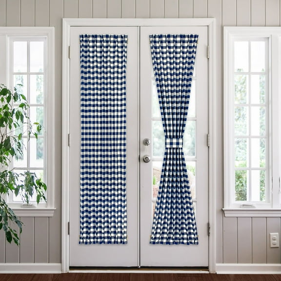 Achim Buffalo Check Indoor Polyester/Cotton Light Filtering Checkered Door Curtain Panel, Navy, 25-in W x 72-in L