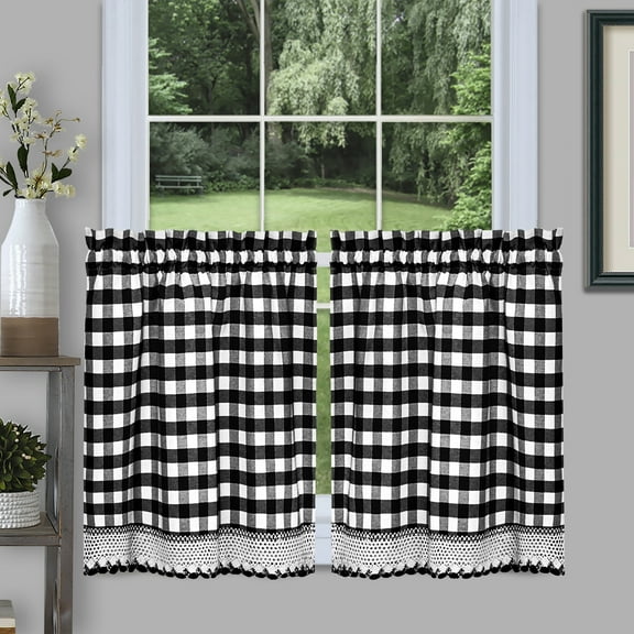 Achim Buffalo Check Kitchen Curtains, Set Of 2 Tiers, 58" X 24", Black