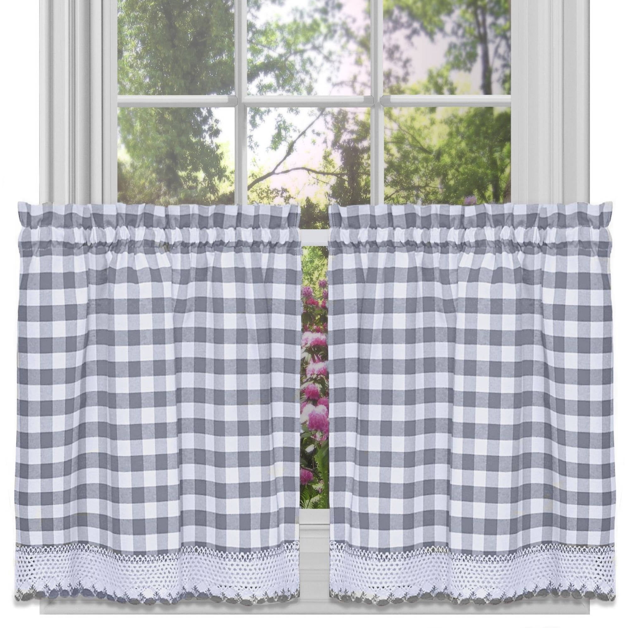 Achim Buffalo Check Kitchen Curtains, Set of 2 Tiers, 58 x 36, Gray