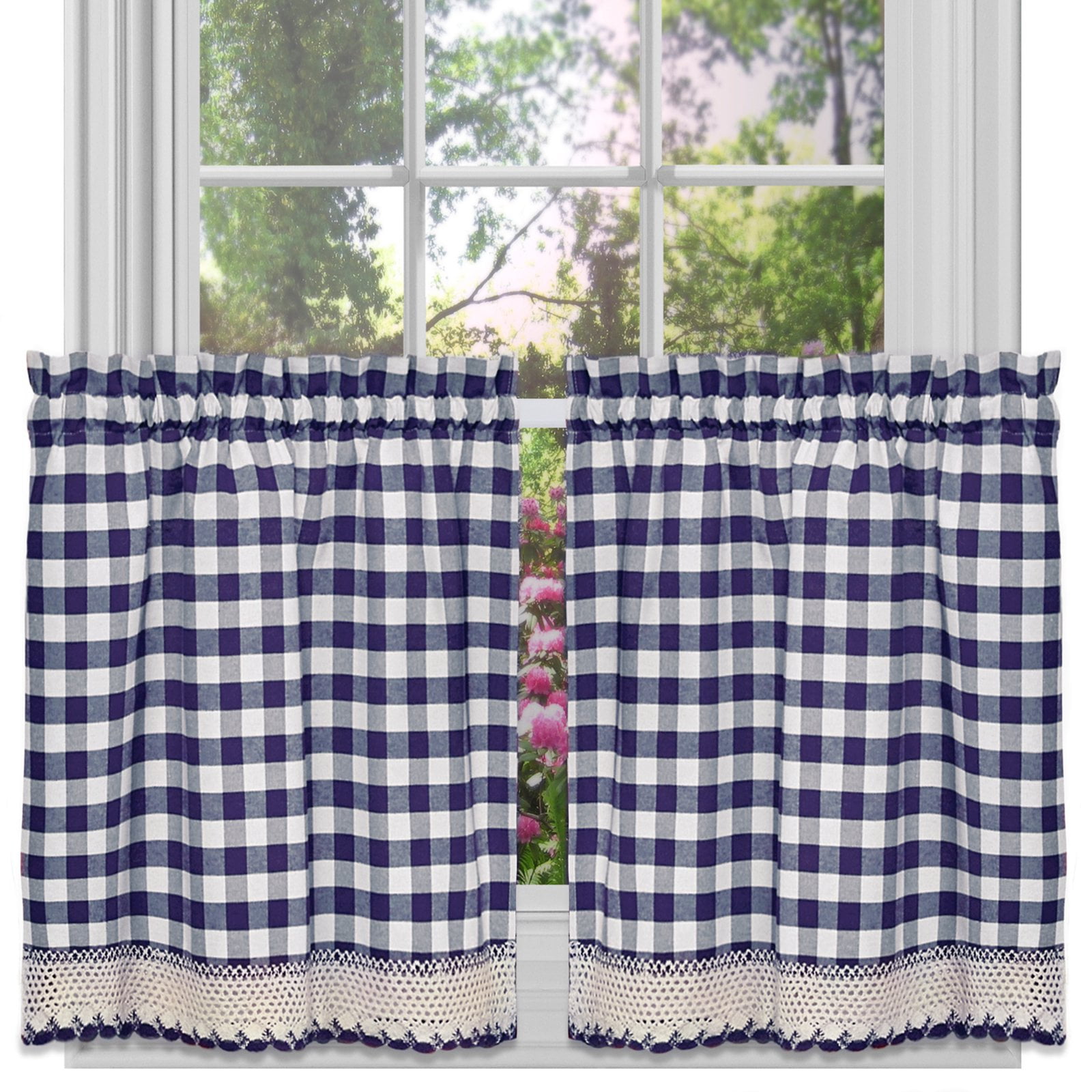  Tayney Navy Blue Geometric Kitchen Curtains Checkered