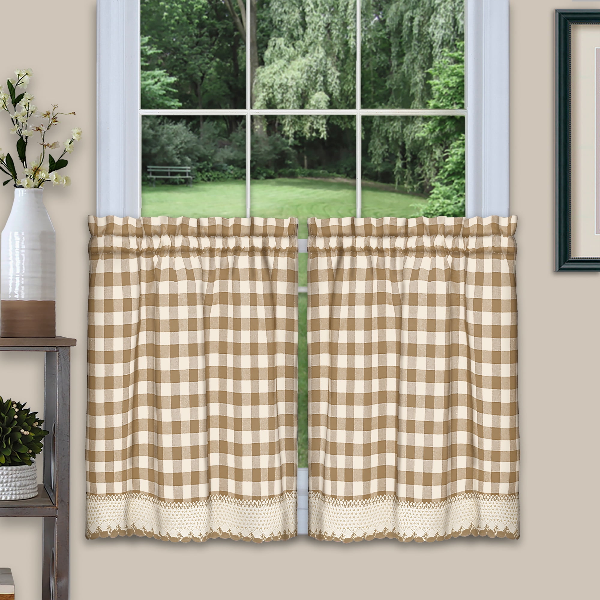 Taupe and Ivory Buffalo Check Tier Curtains with Scallop Trim