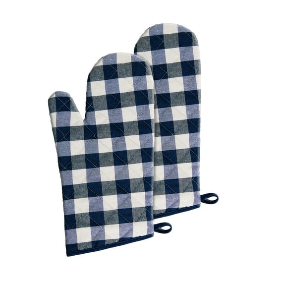 Achim Buffalo Check Polyester/Cotton Oven Mitt - Navy - 7-in x 13-in - Set of Two