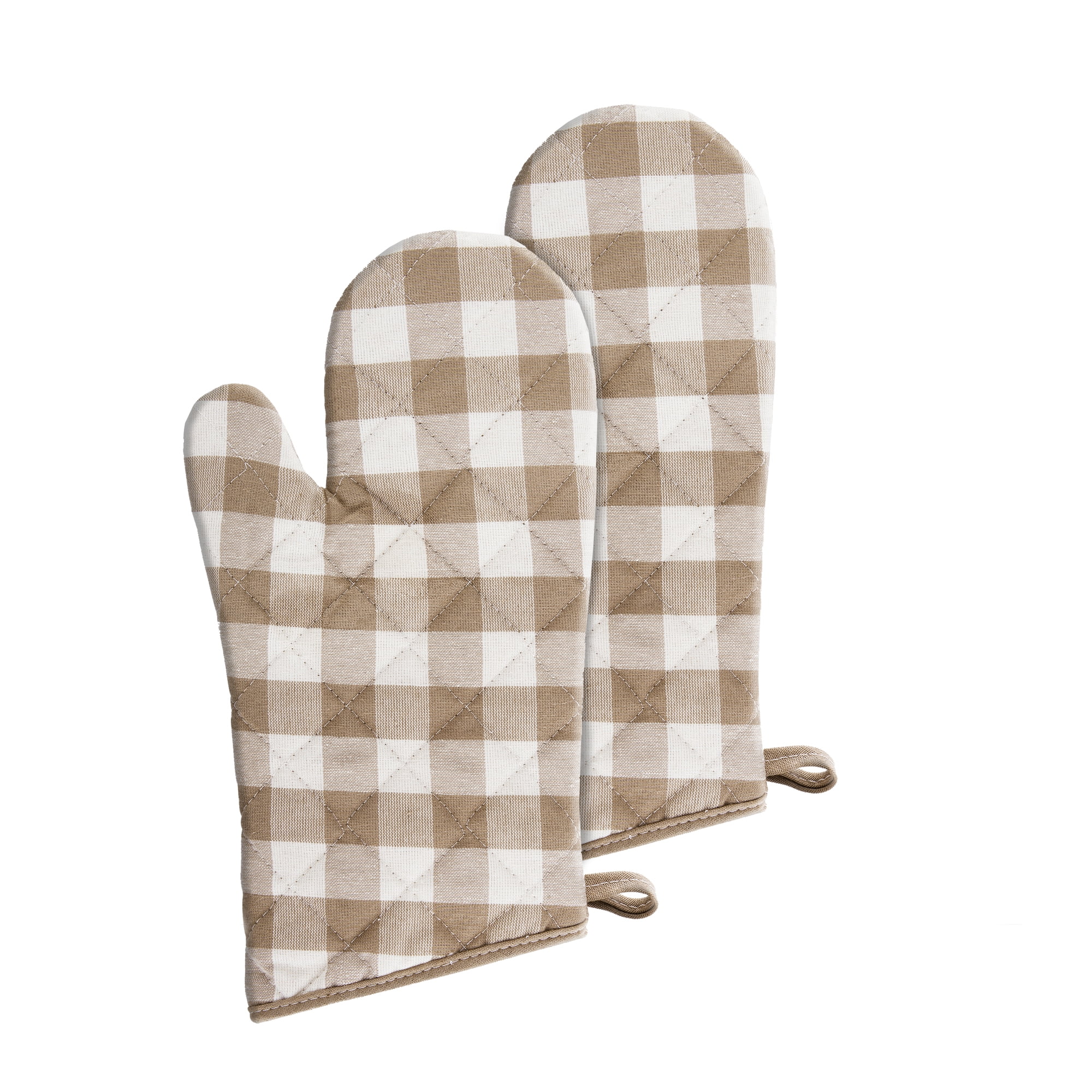 Taupe and White Checkered Extra Long Oven Mitt Set