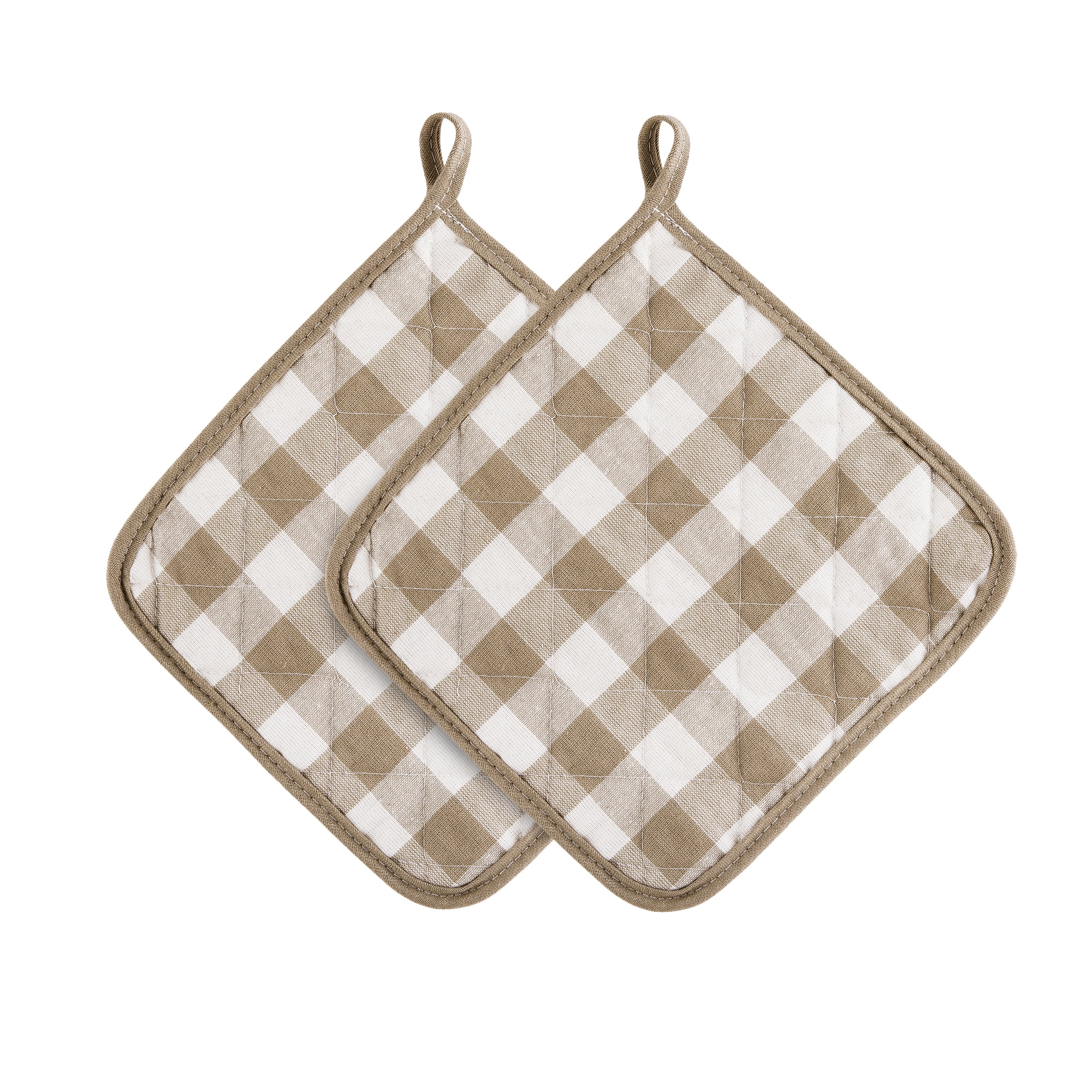 Taupe and White Checkered Cotton Quilted Pot Holder Set
