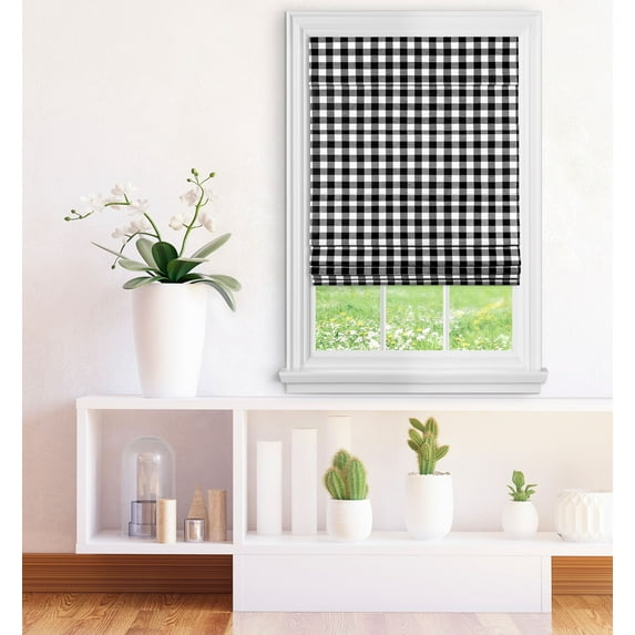 Achim Buffalo Check Roman Indoor Cordless Black/White Polyester Light Filtering Window Roman Pleated Shade, 64" L x 31" W