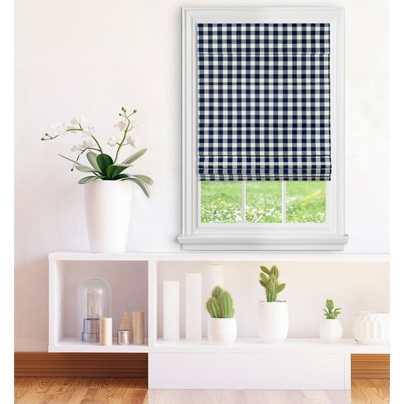 Achim Buffalo Check Roman Indoor Cordless Navy Polyester Light Filtering Window Roman Pleated Shade, 64" L x 35" W