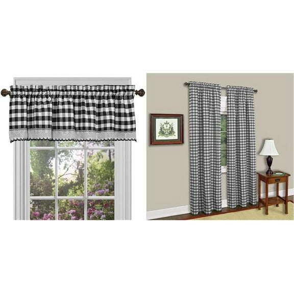 Achim Buffalo Check Valance Window Curtains - 58 Inch Width, 14 Inch Length - Black & White Plaid & Dining Room Home Decor & Buffalo Check Panel - 42x84 - Black/White