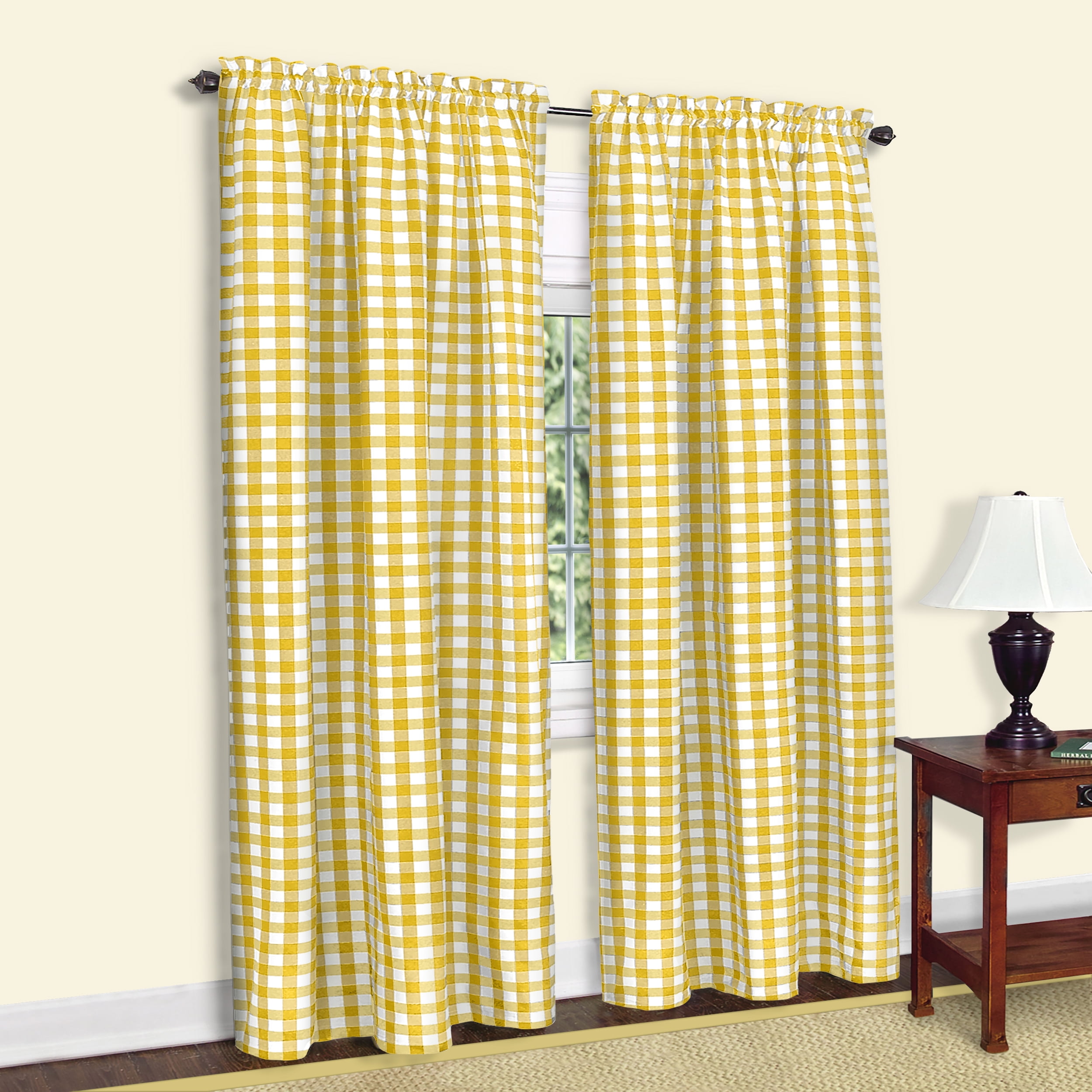 Yellow Buffalo Check Cotton Rod Pocket Curtain Panel, 42 x 84