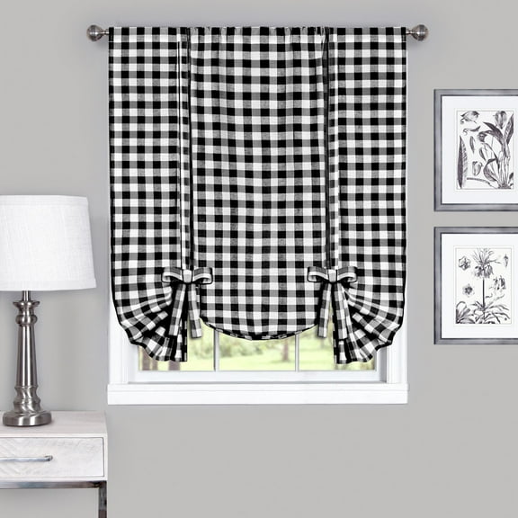 Achim Buffalo Check Window Curtain Tie Up Shade, 42" x 63", Black
