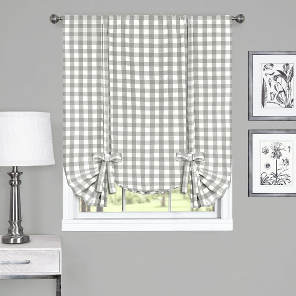 Achim Buffalo Check Window Curtain Tie Up Shade, 42 x 63, Gray