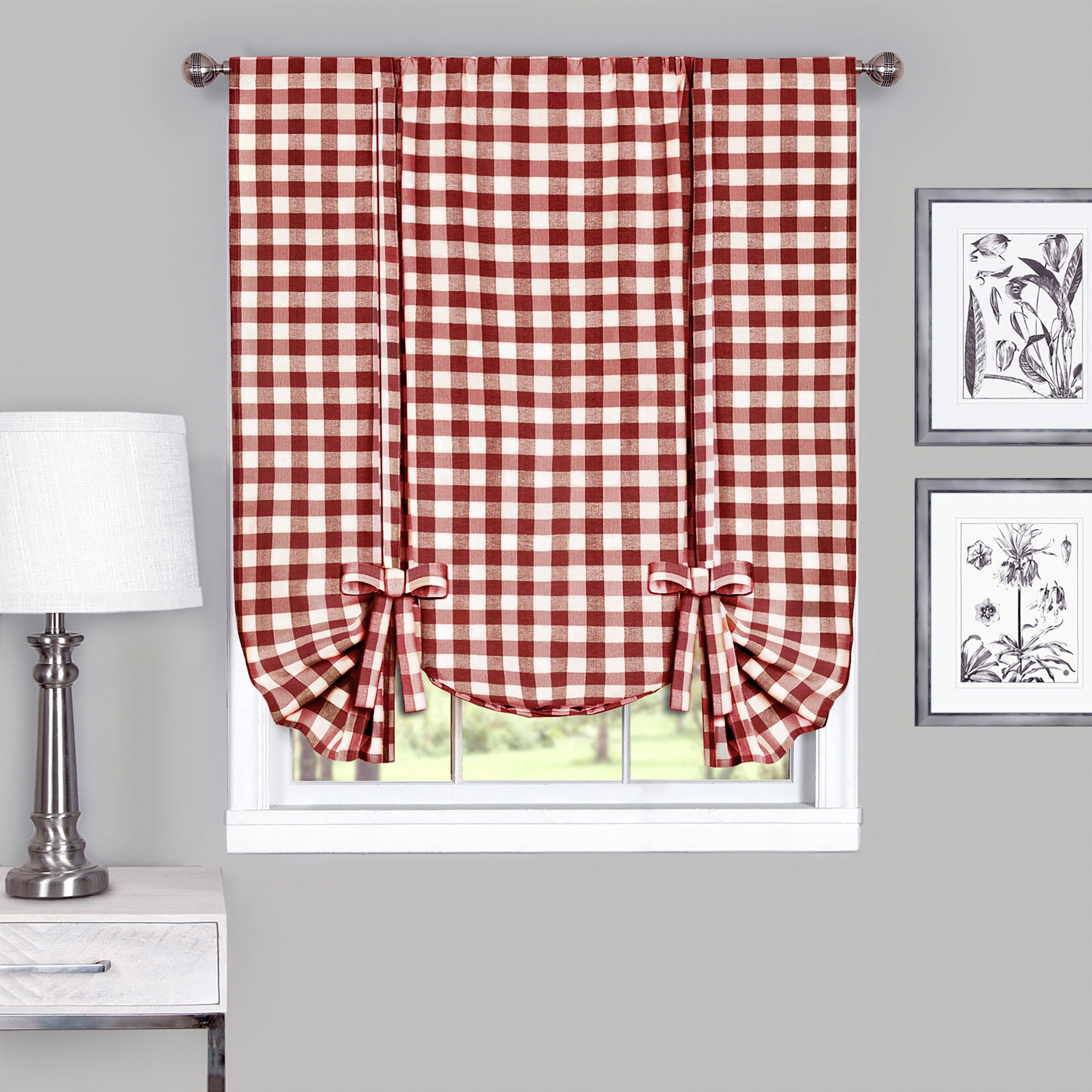 Burgundy and White Cotton Polyester Light Filtering Window Panel