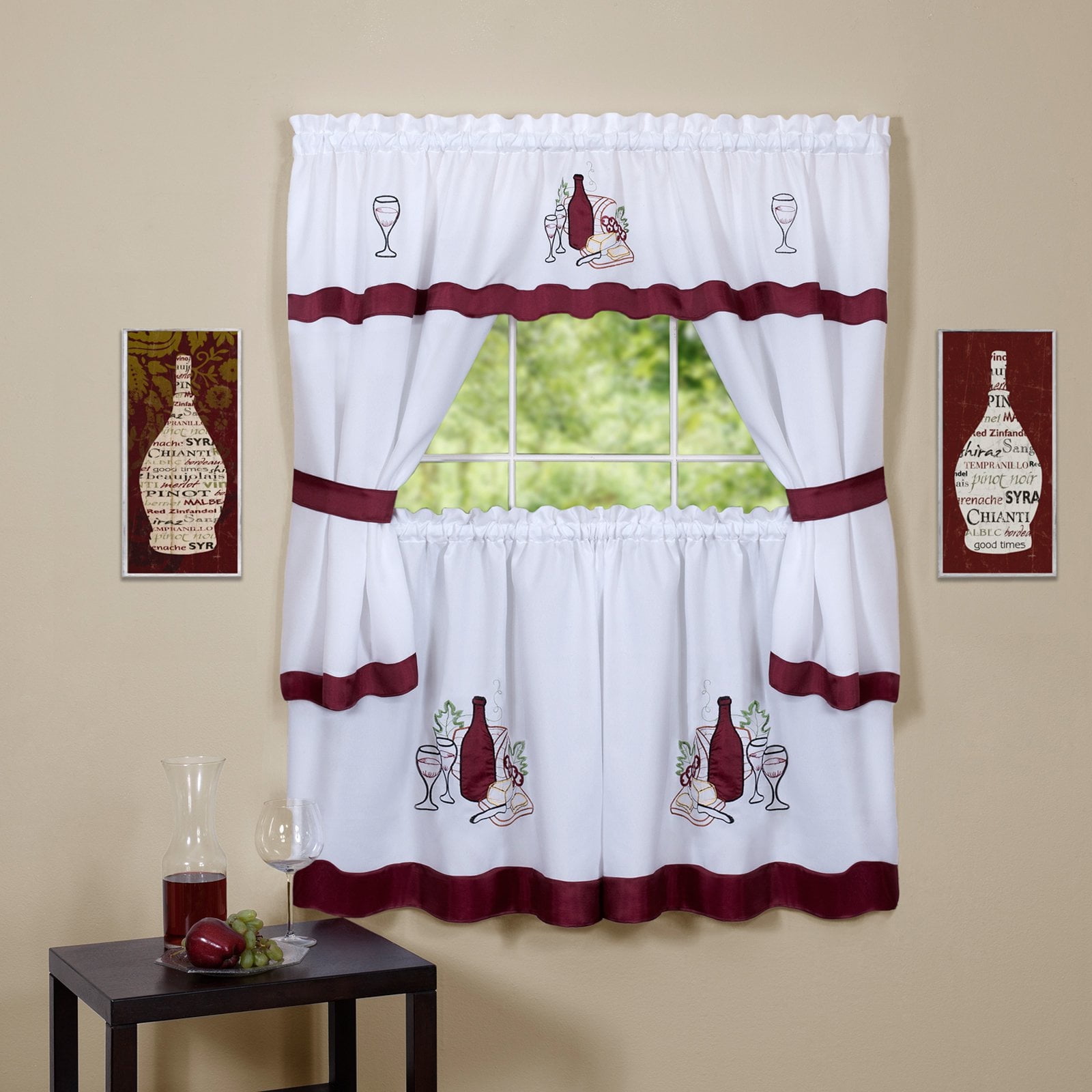 White and Burgundy Embroidered Polyester Tier Curtain Set