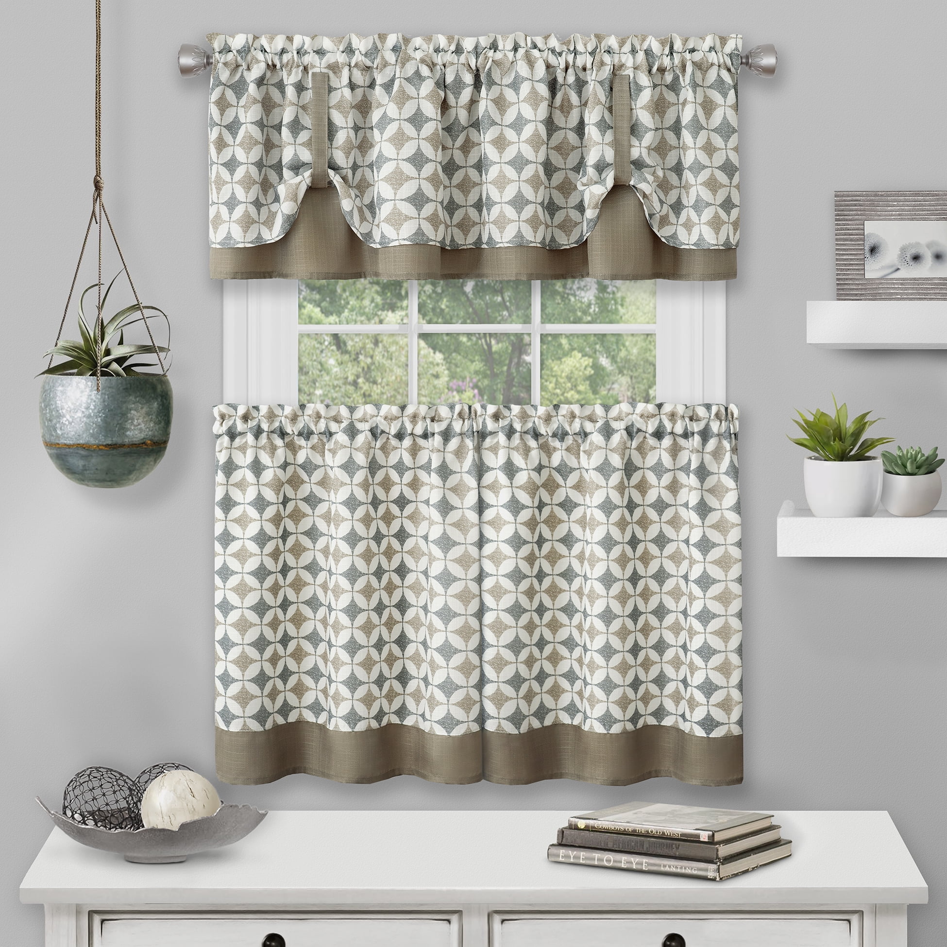 Taupe and Silver Geometric Sill Length Valance Set