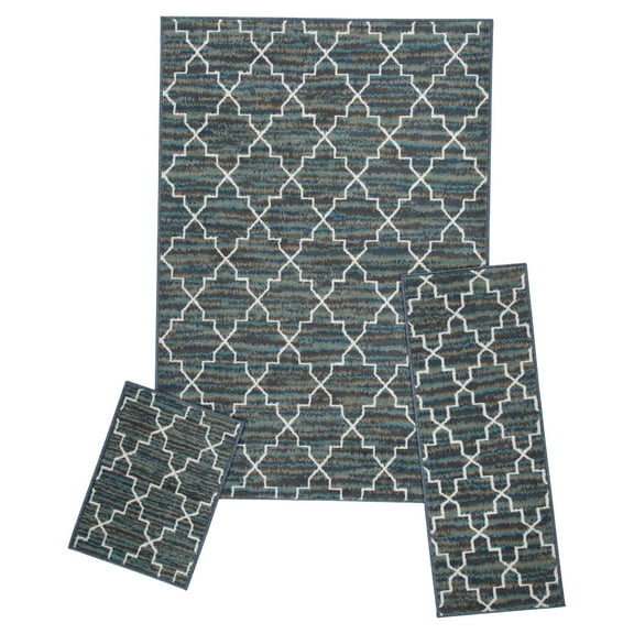 Achim Capri 3 Piece Rug Set Great For Living Room, Bedroom , Office, Entryway, Dining Room, Crosshatch Blue Grey