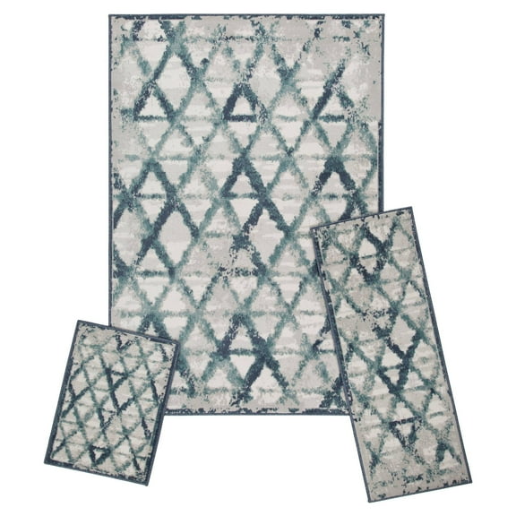 Achim Capri 3 Piece Rug Set, Rizzy Blue, 5' x 7' Area Rug, 22" x 59" Runner, 22" x 31" Mat