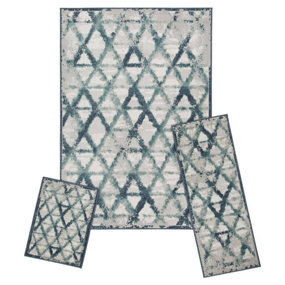 Achim Capri 3 Piece Rug Set, Rizzy Blue, 5' x 7' Area Rug, 22" x 59" Runner, 22" x 31" Mat