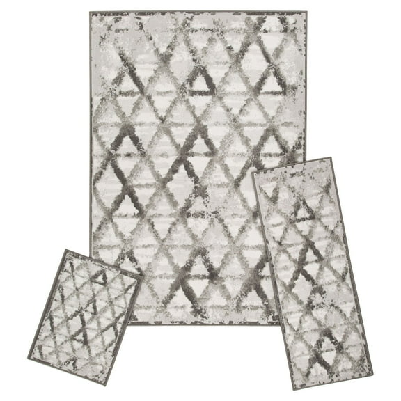 Achim Capri 3 Piece Rug Set, Rizzy Grey, 5' x 7' Area Rug, 22" x 59" Runner, 22" x 31" Mat