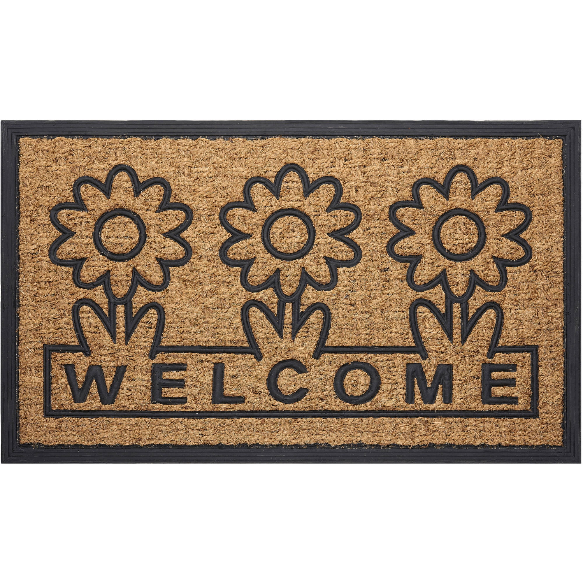 Eco-Friendly Daisy Welcome Coir Door Mat with Rubber Trim