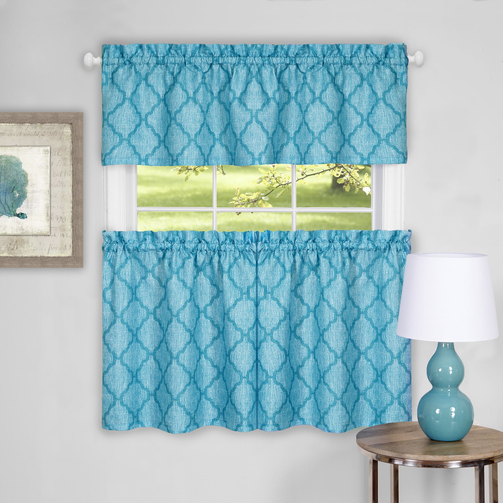 Colby Turquoise Polyester Trellis Kitchen Curtain Set