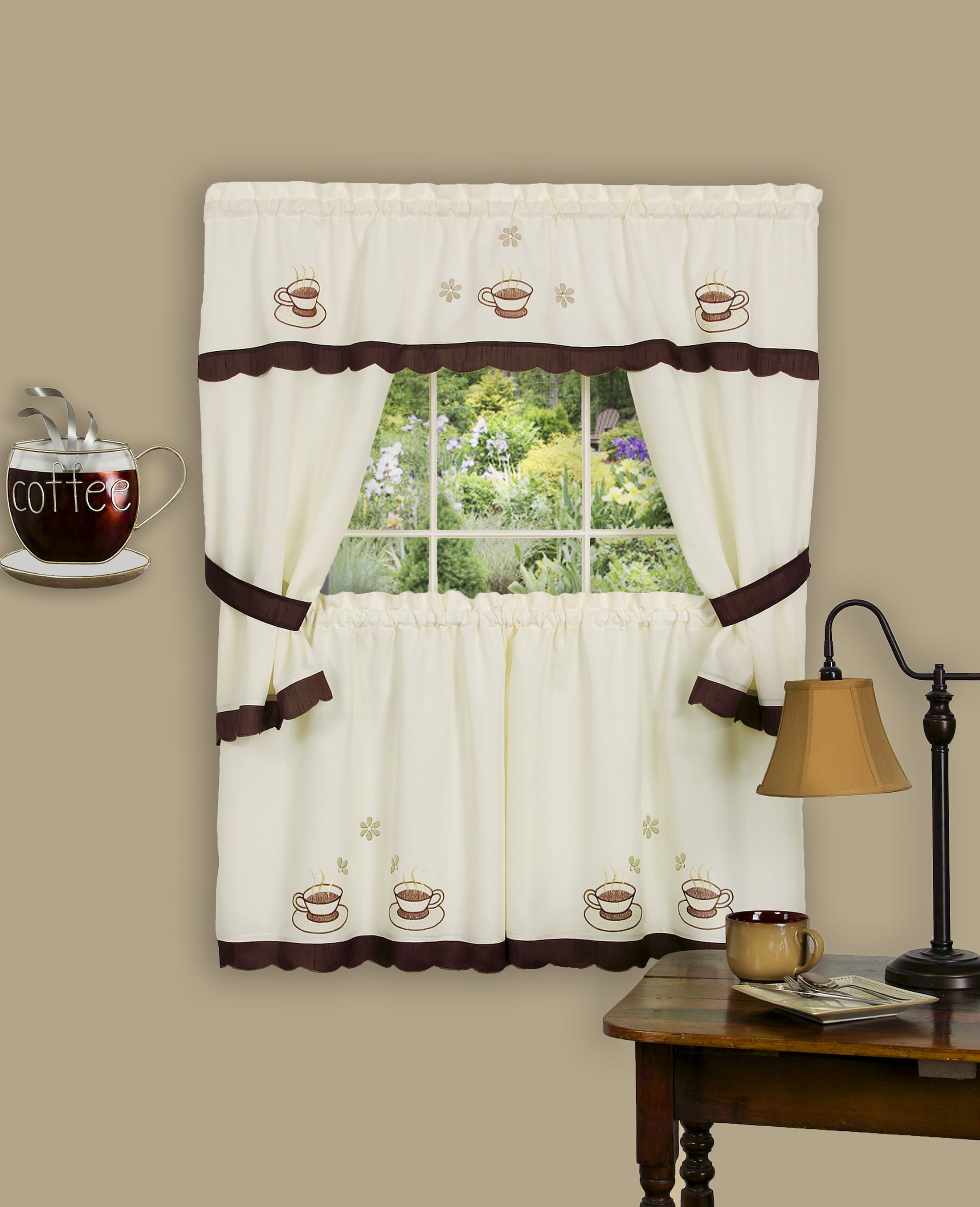 Cuppa Joe Embellished Beige and Brown Valance Set